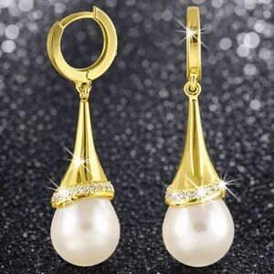 12mm PEARL Pave Set CZ long ladies Diamond Hoop Dangle Drop Earrings Gold New